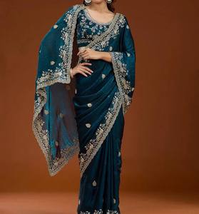 Sari de Chifón Fendy Premium con Bordado de Pavo Real con Lentejuelas y Borde Calado - Product Image 3