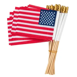 OEM ODM Custom Wooden Plastic American Country Mini Hand Held Waving Flags With Stick Pole
