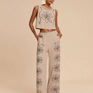 Ensemble de vêtements d'été en coton pur pour femmes, décontracté, uni, à manches courtes, long, 2 pièces, pour l'exportation en gros - Product Image 1