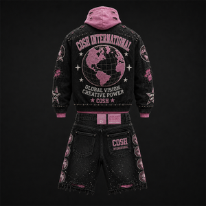 <b>Men's</b> <b>Denim</b> <b>Jacket</b> Hoodie Set Washed Rhinestone Patchwork Distressed Short Streetwear Summer - Product Image 3