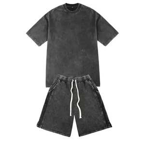 Ensemble de t-shirts décontractés pour hommes en éponge délavée à l'acide pantalon de rue respirant et personnalisable OEM d'été vente en gros - Product Image 2