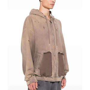 เสื้อมีฮู้ดสำหรับสตรีทแวร์ผ้าคอตตอนฟลีซแบบรูดซิปได้สองชั้นวินเทจ100% ซีดจาง - Product Image 2