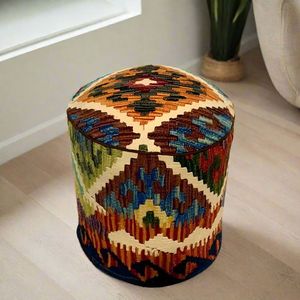 พรม kilim แบบหนึ่งของแบบดั้งเดิม Pouf Ottoman ที่ไม่ซ้ำกันทำด้วยมือลูกปัดรอบเก้าอี้เชือกสำหรับตกแต่งงานแต่งงาน - Product Image 2