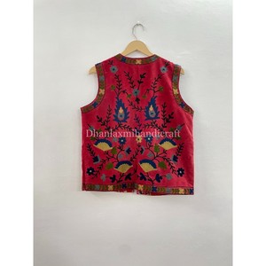 Handmade Women's Dark <b>Pink</b> Velvet Waistcoat Floral Embroidery Knitted Cotton Floral Embroidery Party Wear Jacket for Outer Wear - Product Image 4