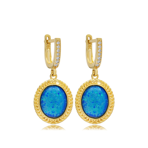 Forme ovale bleu opale charme balancent boucle d'oreille en gros turc fabriqué à la main 925 en argent Sterling bijoux fins pour les femmes - Product Image 1