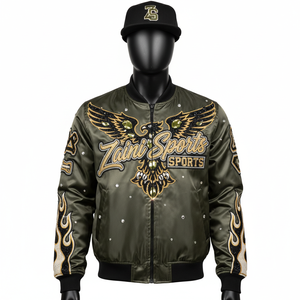 Blouson Bomber en Satin Premium Vert Olive avec Broderie Aigle et Détails Strass – Veste en Satin Personnalisable avec Logo pour Homme - Product Image 1