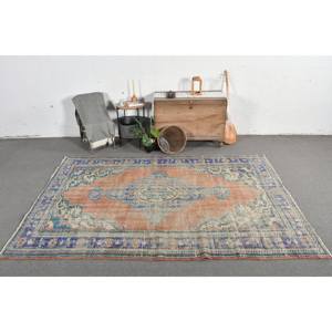 Classique Orange Bleu Patchwork Écologique Moyen Pile Tapis 6'1 "x 9' Style Turc Salle À Manger Laine Latex Tabriz Rectangle - Product Image 1