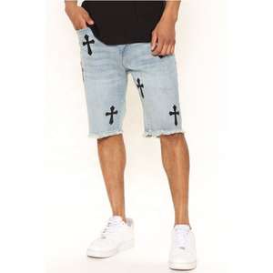 Washed Blue Jean <b>Shorts</b> High Waist Zipper Fly <b>Men</b> Cotton Black Graphic Print Denim <b>Shorts</b> - Product Image 5