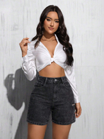 Kadınlar İçin Özel Dikim Düz Orta Bel Denim Şortlar İnce Cepli Vintage Eskitme Asit Yıkama Yazlık Çevre Dostu Nefes Alabilen Yüksek Bel