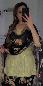 Nuevo diseñador Party Wear Faux Georgette Heavy Sequence Top bordado y Digital Printed Dhoti Salwar con Dupatta Suit Set - Product Image 3