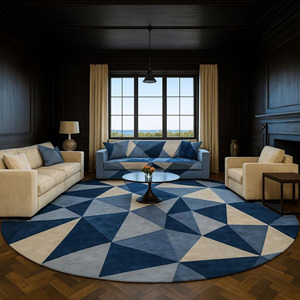 Alfombra de Lana Geométrica Azul Moderna de Diseño, Alfombra Anudada a Mano para Decoración del Hogar, Regalo de Navidad para Sala de Estar o Uso en Picnic - Product Image 3