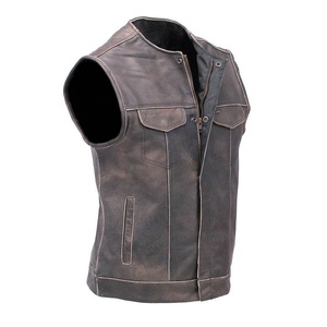 Wax Gray Milled Cowhide Leather Motorcycle <b>Vest</b> for <b>Men</b> Autumn Breathable Vintage Covered Button Closure O-Neck - Product Image 1