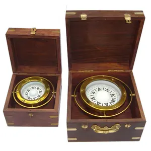 Vintage Brass Compass Marine Nautical Antique Compass Desk Compass Brass Polished with Wooden Box Desk for Office