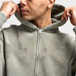 Men 450 GSM French <b>Terry</b> Zip Up Hoodie Vintage Acid Wash Distressed Black Washed Streetwear Custom Casual Blank Hoodie <b>Bulk</b> - Product Image 6