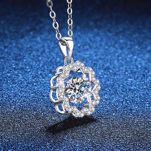 925 Sterling Silver Bling 2 Carat Cut Halo <b>Garland</b> Dancing Moissanite Pendant Necklace Flower Petals Design Engagement Wedding - Product Image 5
