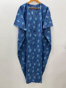 Jaipur azul mano bloque estampado caftán indio hecho a mano Boho Hippie ropa de dormir verano Maxi túnica vestido para mujer piso vestido Casual - Product Image 5