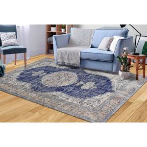 Tapis turc bleu marine : motif ethnique délavé, tapis antidérapant, tapis doux non tissé - Product Image 2