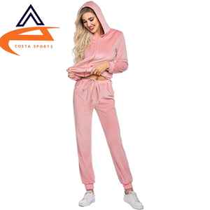 <b>Women's</b> Top Trending Pink Velvet Track Suit for Winter Comfortable Sportswear for Gym with Logo on <b>Shirt</b> and Sweatpants - Product Image 2