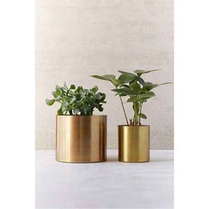 Pot de fleurs en acier inoxydable plaqué laiton durable en gros, conteneur de plantes en métal, jardinière cylindrique moderne pour la décoration du salon - Product Image 1