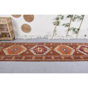 Vintage Rug, Runner 2.8x11.6 ft Turkish Rug, <b>Brown</b> Bordered <b>Wool</b> Rug - Product Image 3