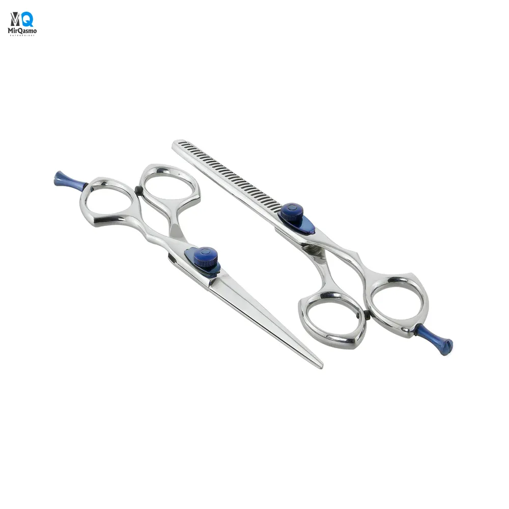 Barber and thinning scissors set Blue Titanium coated plated tension adjustment knurled knob for fine tuning