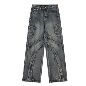Fournisseur de jeans Jeans baggy pour hommes sur mesure Polyvalents Lavés à l'eau forte Poches latérales Structurés Bord brut Street Hip Hop Pantalons en denim - Product Image 1