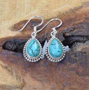 Super véritable tibétain Turquoise Vintage balancent goutte solide 925 en argent Sterling fait à la main boucle d'oreille poire forme mariage chrétien - Product Image 4