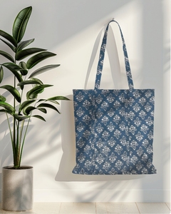 Bolsa de Mano de Algodón Estampada al por Mayor con Diseño Floral Índigo Estampado a Mano, Ecológica, Reutilizable, para Uso Diario y Compras - Product Image 1