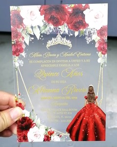 Carte d'invitation de mariage transparente en PVC de 1 mm, impression UV <span class=keywords><strong>rouge</strong></span> princesse florale et or, invitations Quinceanera, Sweet 16, 15 ans - Product Image 2