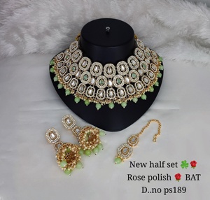 Nuevo diseño chapado en oro tradicional verde perla y Kundan tachonado collar conjunto de joyas para mujer - Product Image 5