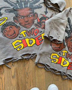 เสื้อยืดทรงบ็อกซี่ครอปพิมพ์ลายกราฟิกสตรีทแวร์สไตล์วินเทจ ผ้าฝ้ายขาดๆ แบบดิสเทรส ล้างสีแบบสโตนวอช สำหรับผู้ชาย บริการ OEM - Product Image 2