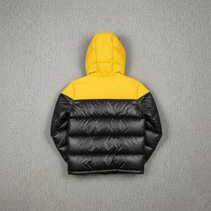 Men's Canvas Puffer <b>Jacket</b> Yellow Black Color Block Two-Tone Padded Quilted Stand Collar Front Logo <b>Hooded</b> Winter - Product Image 2