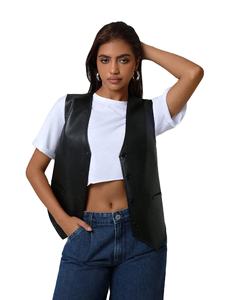Chaleco de Cuero PU Negro Holgado Informal Vintage para Mujer, Estilo Minimalista Otoño Invierno para Uso Diario, Chaqueta sin Mangas con Cuello en V - Product Image 1