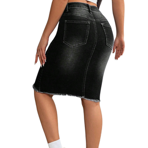 Womens Black Distressed <b>Denim</b> Pencil Skirt High Waist <b>Stretch</b> Breathable Quick Dry Regular Fit Casual Streetwear Winter Autumn - Product Image 3