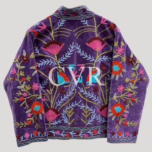 Abrigo de Terciopelo Morado con Bordado Floral a Mano, Cuello Mandarín, Manga Larga, Talla Grande, Ropa de Abrigo Casual para Mujer, Otoño - Product Image 1
