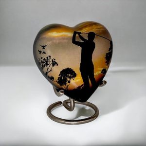 Classic Heart Shape <b>Keepsake</b> Aluminium Urn for Human Ashes with <b>Box</b> and Stand Peaceful Golfer Design 7 Cms High Handmade Product - Product Image 4
