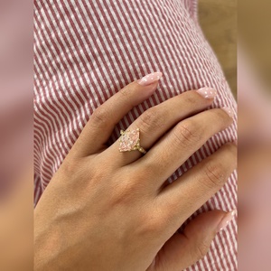 Bague en or 10K 14K 18K, platine et argent, avec topaze rose taille marquise et diamant, bijoux de mariée gravés vintage - Product Image 4