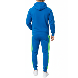 Ensemble de survêtement pour homme multicolore en gros - Sweat à capuche bicolore bleu électrique et vert lime avec pantalon de jogging à rayures latérales contrastées - Product Image 2