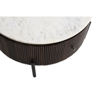 Table basse de salon moderne en bois de manguier massif européen, plateau cannelé brun, finition artisanale, plateau en marbre blanc, pieds en métal noir