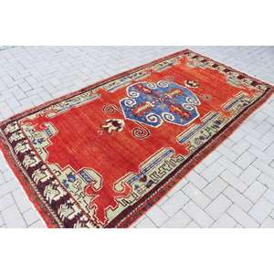 Alfombra Turca Vintage, Alfombra de 4.4x8.9 pies, Alfombra Floral Roja y Azul - Product Image 2