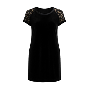 Vestido de Noche de Terciopelo Negro y Encaje, Estilo Princesa, Cómodo, Línea A, Largo hasta el Suelo, con Mangas Cortas y Decoración Floral para Fiestas - Product Image 4