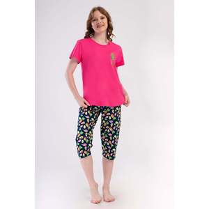 Conjunto de pantalón capri y top de cuello redondo KADIN P.SUPREM BATTAL XXL O YAKA KISA KOL ETEGI OVAL - FUSYA - FUSYA - Product Image 1