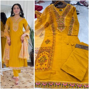 NUEVO LANZAMIENTO DE KURTA, PANTALÓN Y DUPATTA MODERNA PARA FIESTAS Y BODAS, EN SEDA ROMANA, Corte Regular para Mujer, Secado Rápido, Para Todas las Temporadas, RADHE EXPORTS - Product Image 4