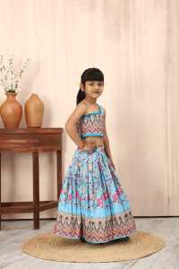 Ensemble de vêtements traditionnels pour enfants Shoryam Fashion, Lehenga Choli bleu imprimé, haut court à une épaule, jupe évasée pour les filles, fête - Product Image 3