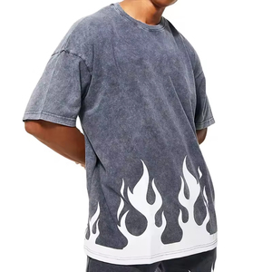 Men's Oversized Acid Wash Cotton T-<b>Shirt</b> With <b>Flame</b> Print Street Style Short Sleeve O-Neck Jersey Tee - Product Image 3