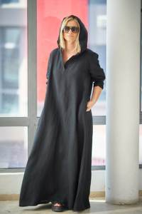 Linen Maxi Dress <b>Black</b> Long Dress Linen Dress <b>Black</b> Maxi Dress Linen Clothing Plus Size Gothic Clothing Linen Kaftan Dress - Product Image 3