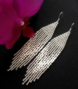 Boho Iridescent Blue, Gold, Black, and White Beaded Fringe <b>Earrings</b> with Lever <b>Back</b> Closures - Product Image 1