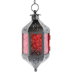 悬挂链条茶灯吊灯，带装饰红色玻璃墙天花板灯笼防风玻璃茶灯和烛台