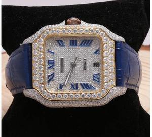 Montre de sport mécanique automatique de luxe avec bracelet en cuir bleu, entièrement sertie de diamants Moissanite VVS, analogique en acier inoxydable - Product Image 2