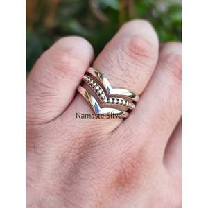 925 Sterling <b>Silver</b> Handmade Geometric Triple Layer <b>Stacking</b> <b>Ring</b> Unique Design for Plain Unisex Cocktail <b>Ring</b> Band - Product Image 2